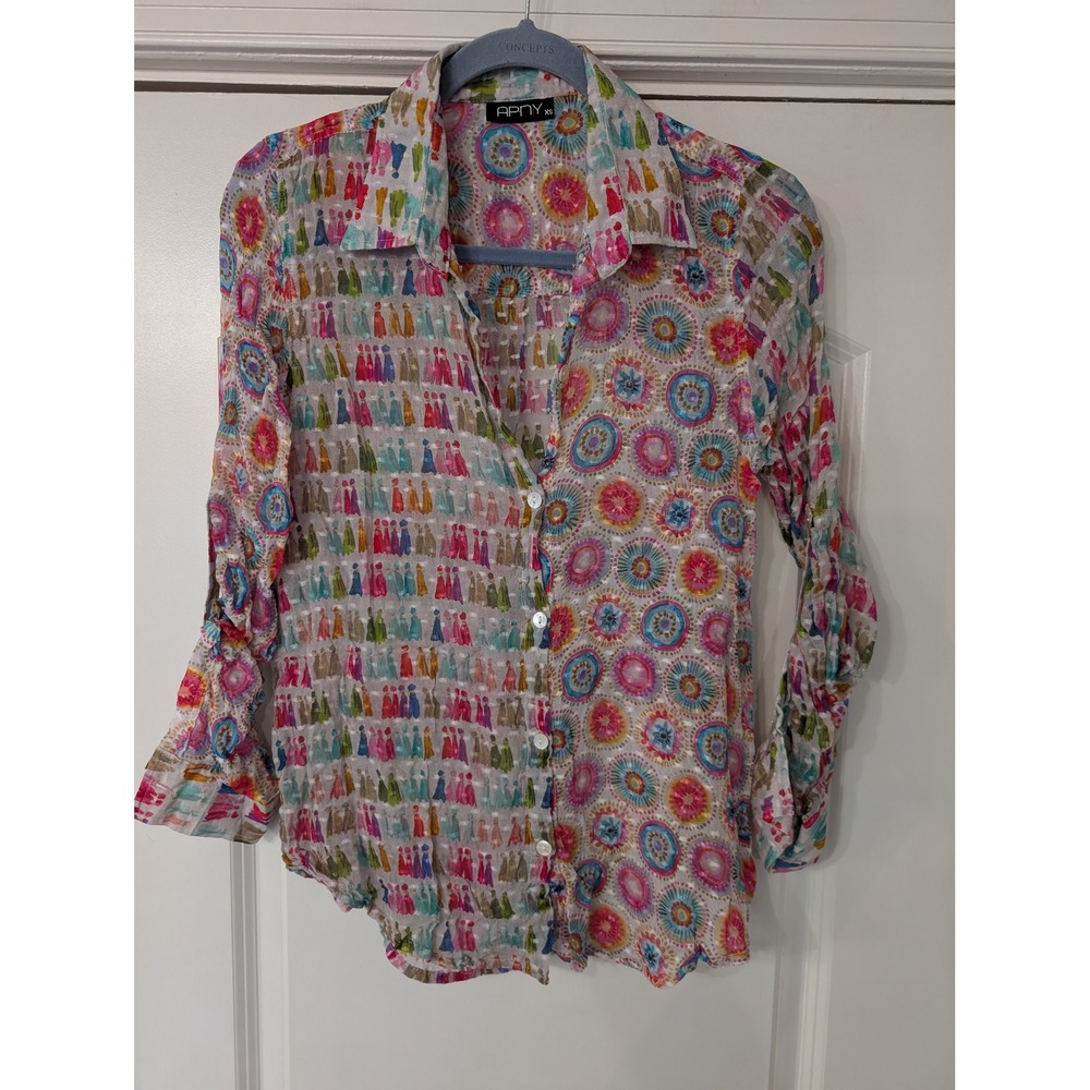 APNY Women XS Multi Color‎ Button Down Shirt eclectic artsy lightweight sheer
